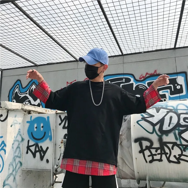 LAPPSTER летняя желтая клетчатая уличная футболка поддельные две части Harajuku Лоскутные футболки мужские Забавные футболки с длинным рукавом