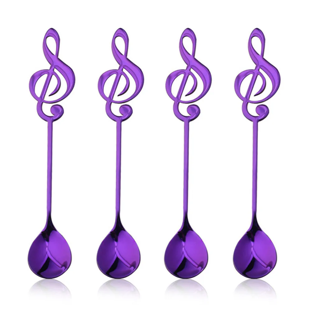 4pcs Purple 7 шт/4 шт музыкальная нота кофе нержавеющая сталь для ложек чайные ложки для помешивания набор сахара мороженое кружка десертная ложка посуда для напитков - Цвет: 4pcs Purple