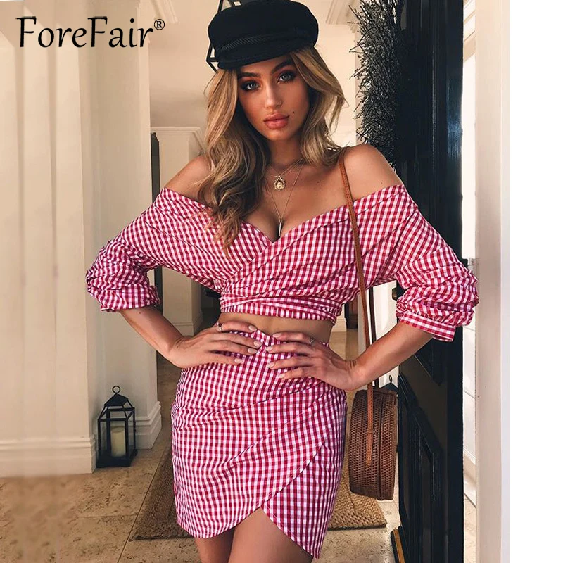 Forefair Повседневный клетчатый комплект из 2 предметов для женщин с открытыми
