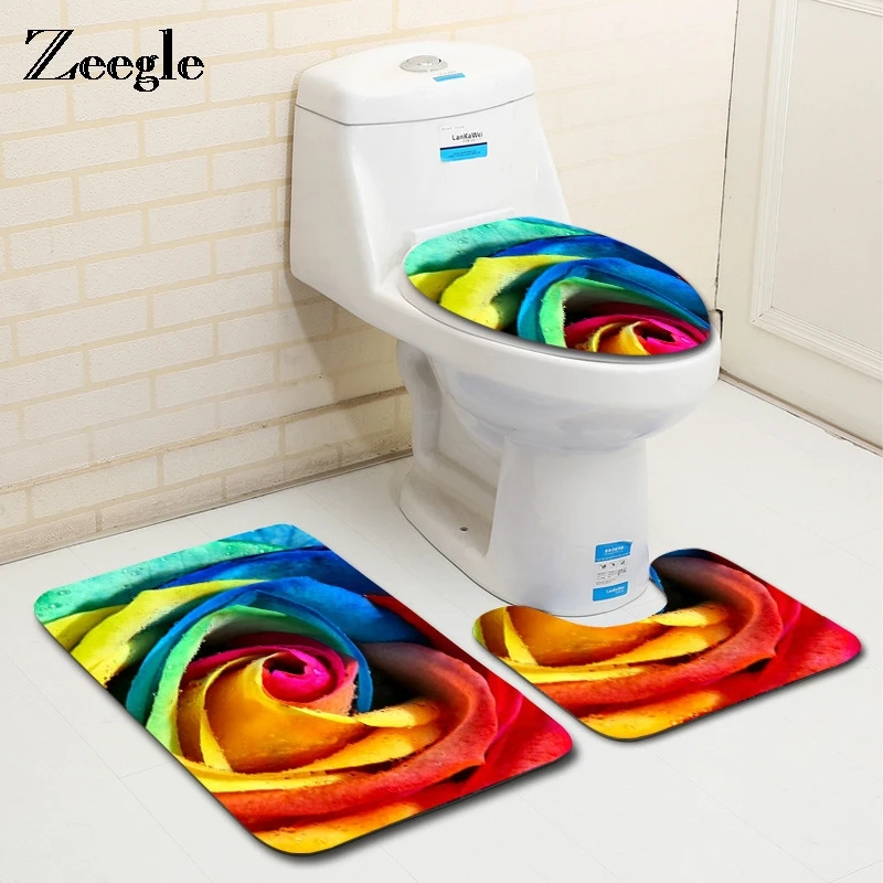 

Zeegle 3Pcs Microfiber Bath Mats Set Rose Pattern Pedestal Rug Toilet Rug Lid Cover Anti-slip Absorbent Bathroom Mats And Carpet