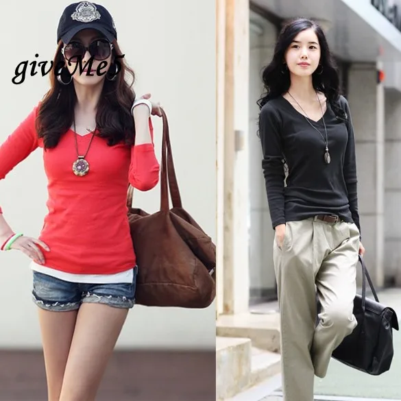 Корея Для женщин хлопок V Средства ухода за кожей шеи Футболка с длинными