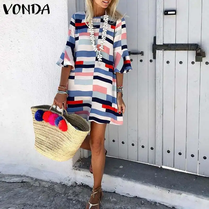 VONDA/ летнее платье размера плюс, женское мини платье в клетку, пляжные вечерние платья с расклешенными рукавами, S-5XL, сексуальная уличная одежда, Повседневное платье