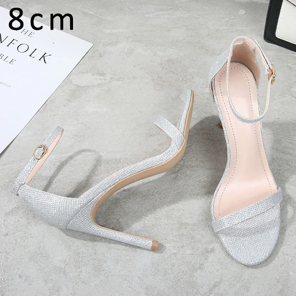 Silver Flash 8cm Брендовые женские босоножки; летние туфли на высоком каблуке; кожаные туфли с открытым носком и пряжкой на ремешке; женская обувь для вечеринок; Цвет Черный; Sandalia Mujer; Новое поступление - Цвет: Silver Flash 8cm