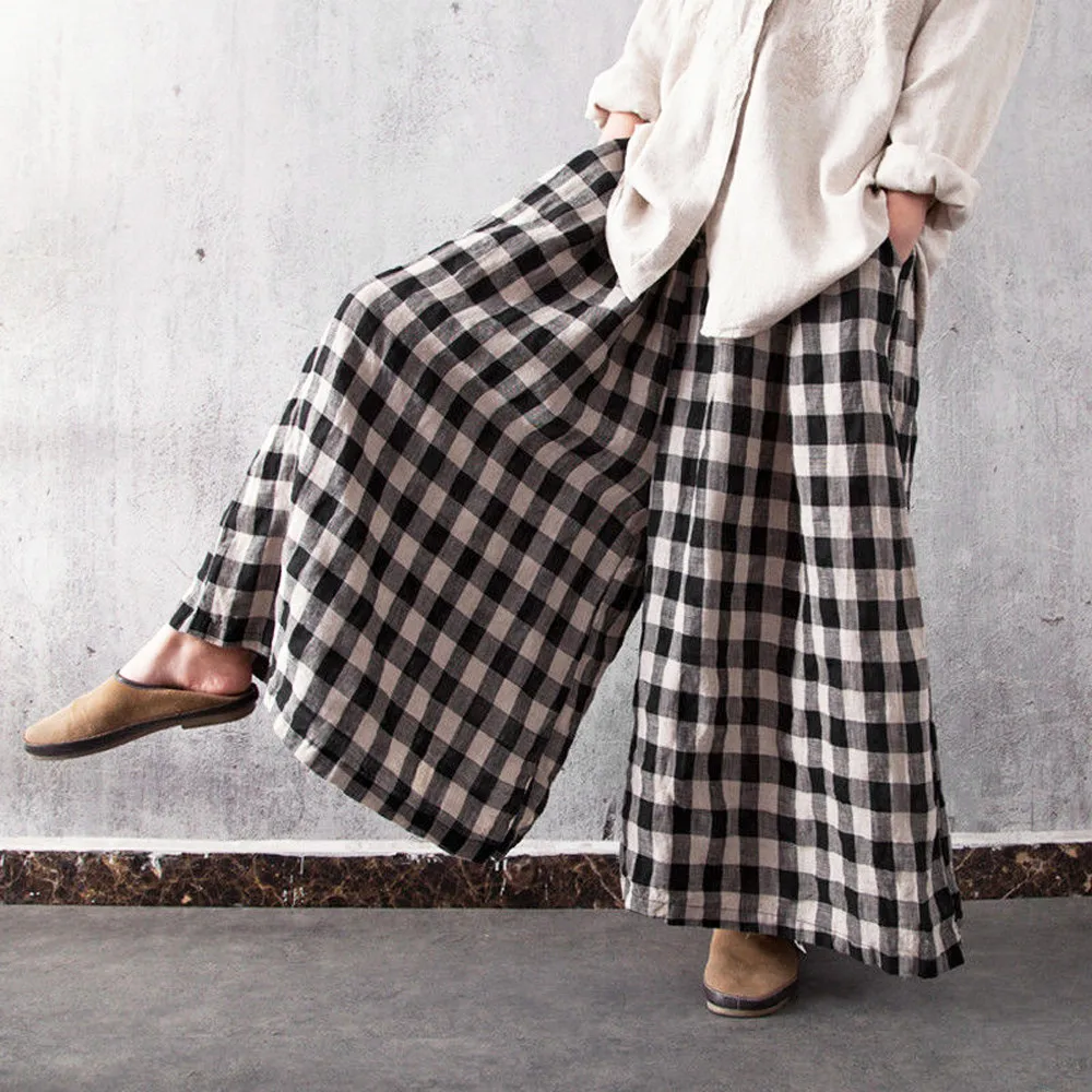 Женские хлопковые клетчатые длинные брюки Boho свободные с эластичной талией и