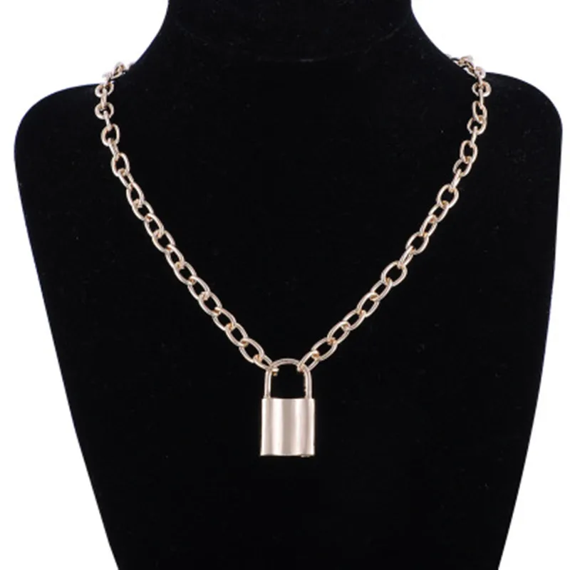 Women Men Stainless Steel Silver Color PadLock Pendant Necklace Brand New Rolo Cable Chain Necklace collar collier femme - Окраска металла: Gold
