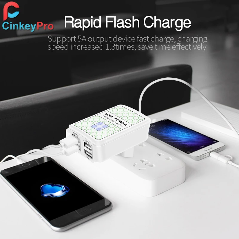 CinkeyPro 4-Ports USB Charger with LED Light 5V/3A Fast Charging Mobile Phone Universal for Samsung iPad iPhone 8 X | Мобильные