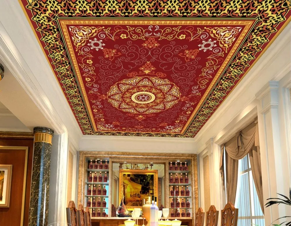 Модные 3D потолочные Настенные обои Национальный круг Потолочные фото для ванной