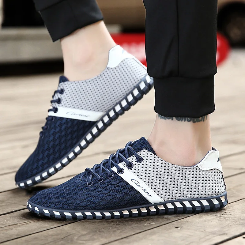 2019 Summer Men Casual Shoes Breathable Mesh Lightweight Comfortable Lace Up Tenis Walking Man Zapatos Blue 47 | Обувь