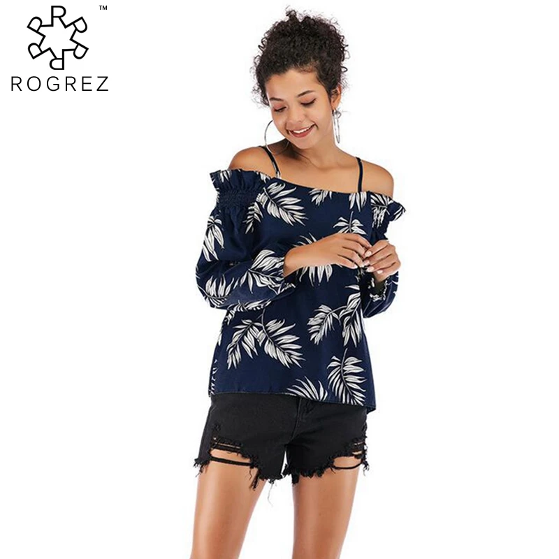 ROGREZ Red Yellow Green Casual Floral Chiffon Shirt Tops Slash Neck Strap Blouse Spring Summer Women Long Sleeve Shirts 2019 |