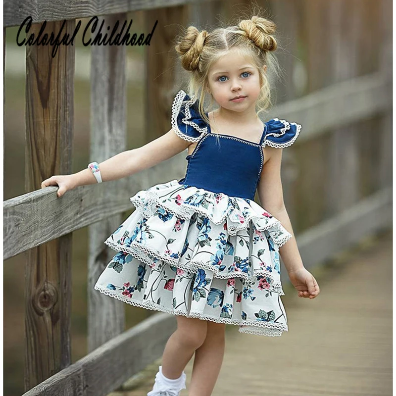 

1-5Yrs little girls dress summer floral denim design princess girls tutu dress for girls party wedding vestidos