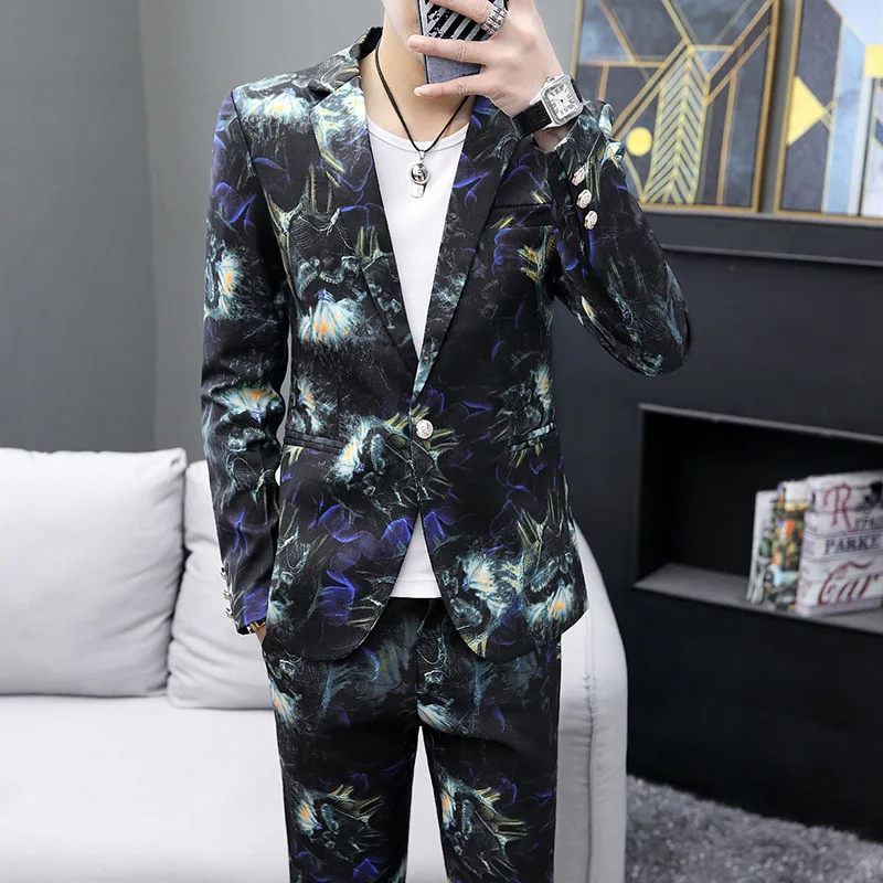 Мужские костюмы из 2 предметов пиджак с цветочным принтом на одной пуговице и