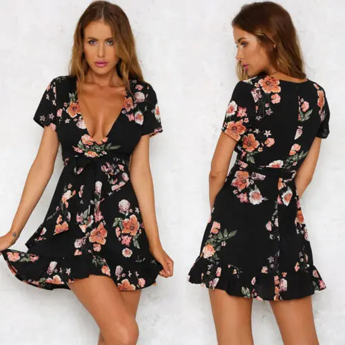 Модные летние Для женщин платье в стиле Boho-Chic легкий цветочный Рисунок короткий