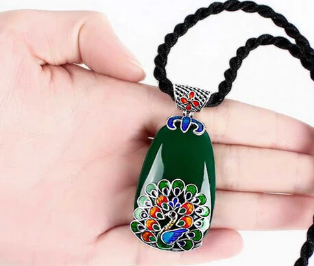 XUEYUN 411 + зеленый халцедон кулон Cloisonne Павлин Большие женские модели|chalcedony pendant|green