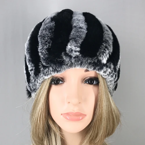 grey and black Новинка, зимняя женская полосатая шапка из натурального меха кролика Рекс, натуральный мех, шарфы ручной работы, вязаные шапки хорошего качества из натурального меха - Цвет: grey and black
