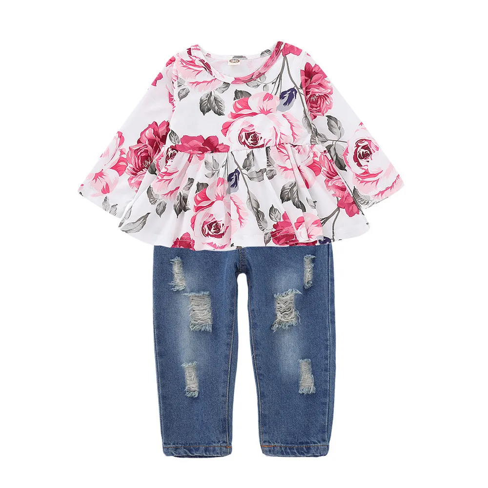 Toddler Baby Girls Floral Rose Print Tops+Denim Pants Outfits Clothes Set girls clothes summer 0328 | Детская одежда и обувь