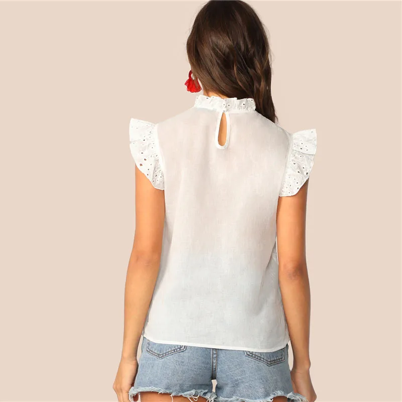 Dotfashion, однотонный топ с воротником-стойкой, с рюшами, с вышивкой, с ушками, для женщин, лето, бохо, без рукавов, одежда для девушек, модные блузки
