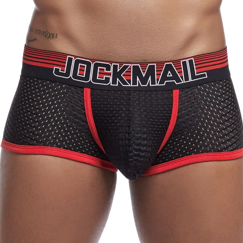 JOCKMAIL новые сексуальные мужские трусы боксеры дышащие сетчатые мужские боксеры мужские трусы Гей пенис мужские трусы мужские Трусы - Цвет: Красный