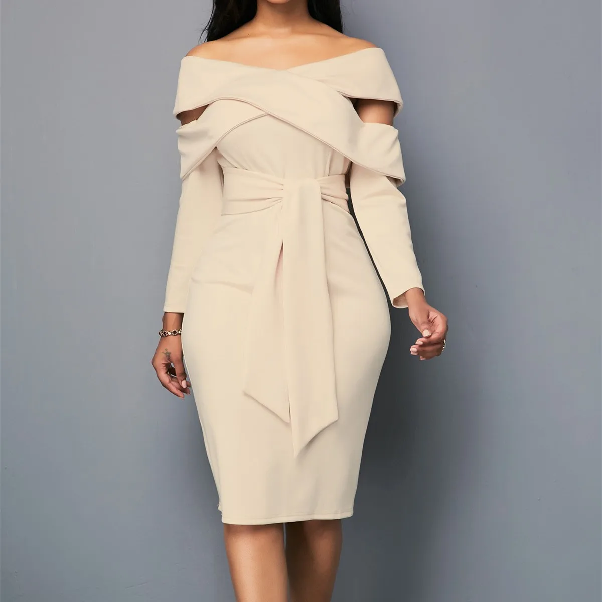 Женское облегающее платье с вырезом лодочкой Платье До Колена открытой спиной