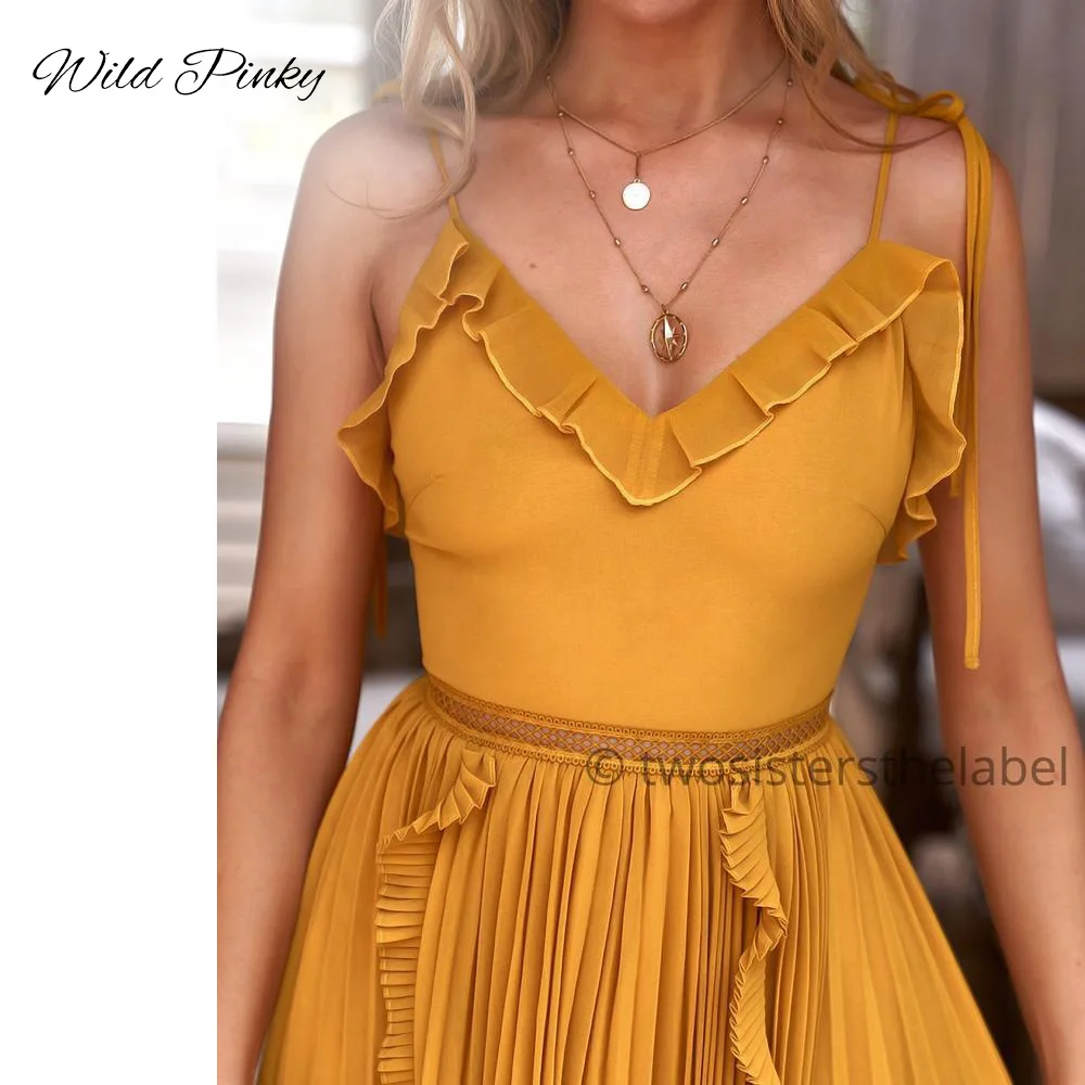 WildPinky летнее платье в полоску Ruffle Peplum длинное Для женщин V шеи спинки сексуальное