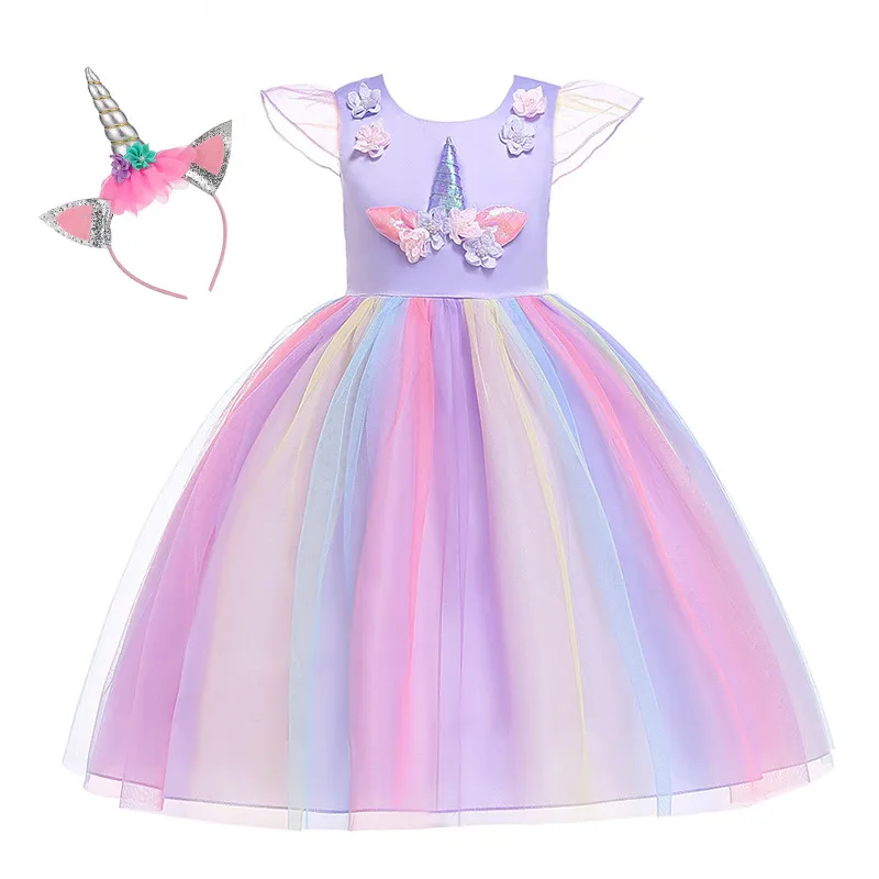 Purple Dress Miter Ainclu/платье с единорогом для девочек; Детские вечерние радужные платья-пачки с рукавами-крылышками для танцев; карнавальный костюм из тюля на Рождество для девочек - Цвет: Purple Dress Miter