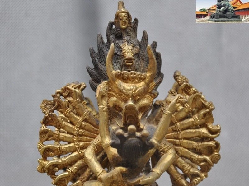 Старый тибетский буддизм бронзовый позолоченный череп Yama Yamantaka Dharmaraja статуя