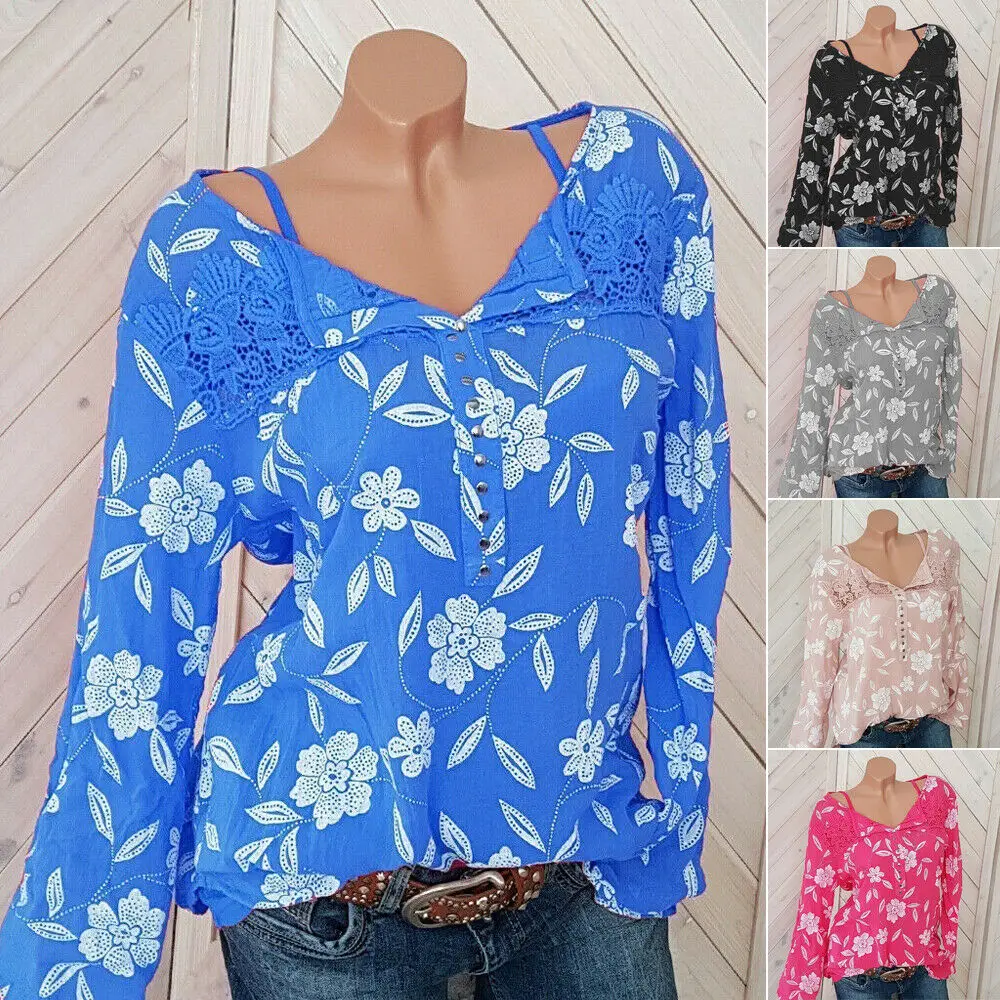 2019 Женские Блузки модные с длинным рукавом Кружева Лоскутная Печать офисная