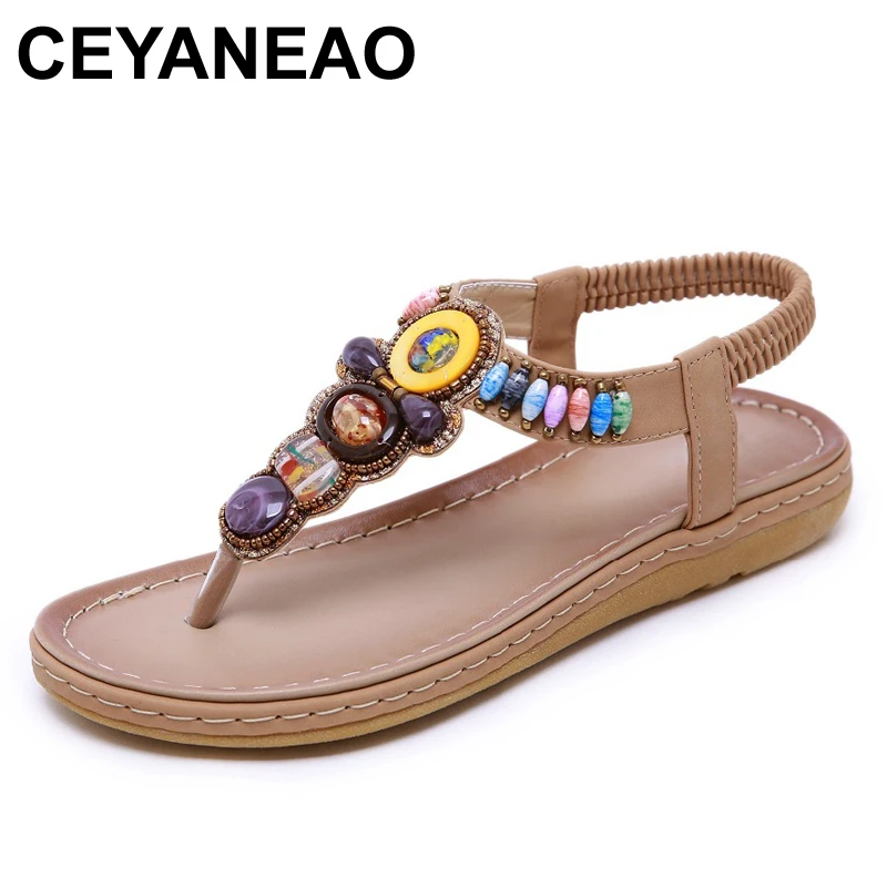

CEYANEAO 2019 женские пляжные сандалии на плоской подошве в стиле ретро, женские повседневные шлепанцы в этническом стиле, богемные сандалии с цв...