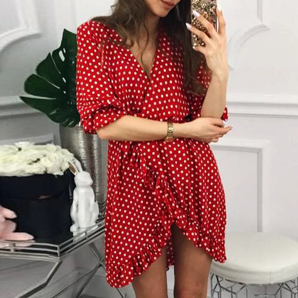 Женское платье в горошек Boho облегающее мини с оборками и коротким рукавом для