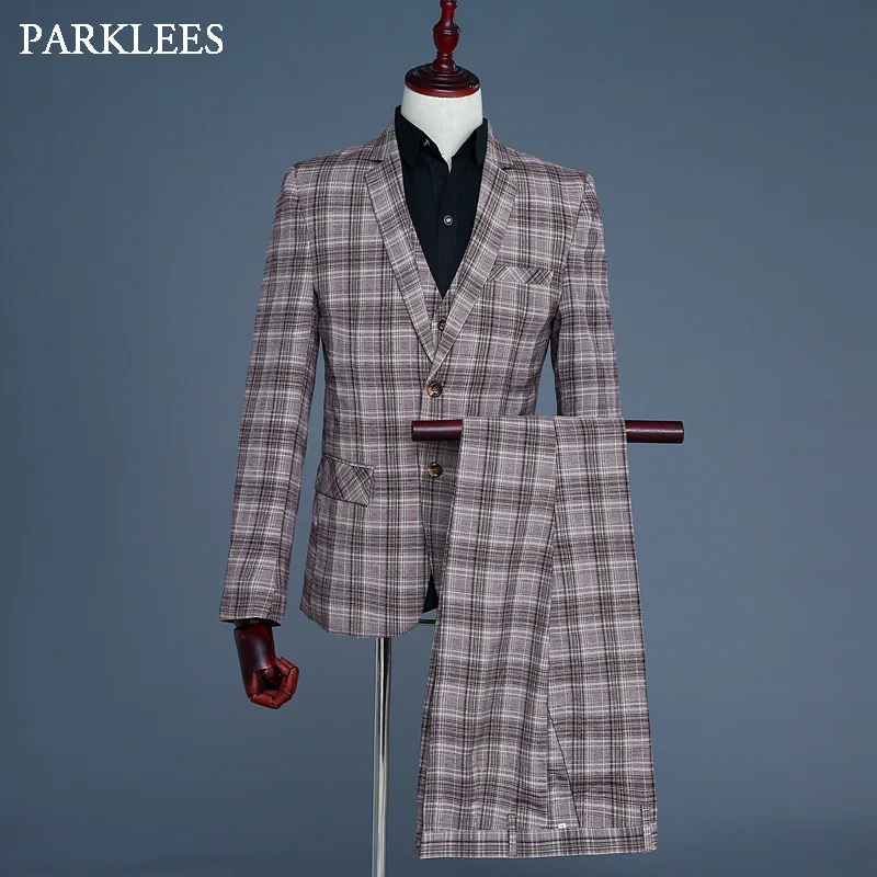 

Мужской Клетчатый костюм в английском стиле, кофейный однобортный приталенный Мужской комплект из 3 предметов, блейзер, деловой пиджак для ...