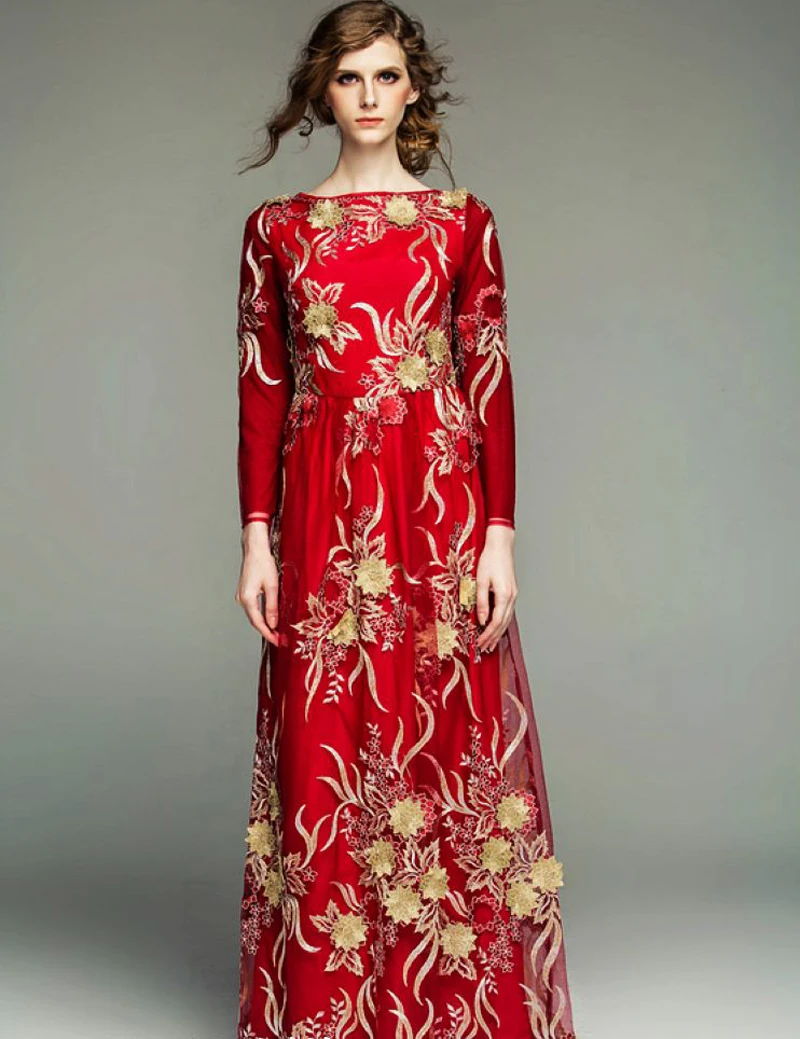 Vintage Embroidered Female Dress 2015 Long Sleeve Mother of the Bride Gowns A Line Party Summer Formal vestido longo N8 | Женская одежда