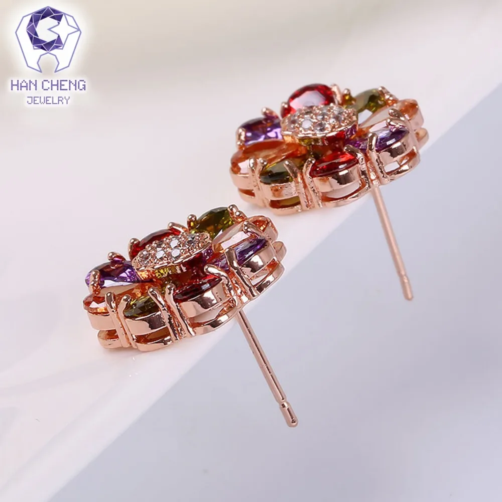 HanCheng New Fashion Luxury Copper Golden Plated Nail AAA Zircon Gem Stone Flower Stud Earrings For Women Jewelry brincos bijoux | Украшения