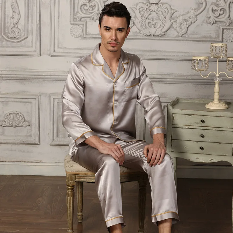 Genuine Silk Pajamas Man Two-Piece Sets 100% Silkworm Silk Sleepwear Male Comfortable Home Wear 16195