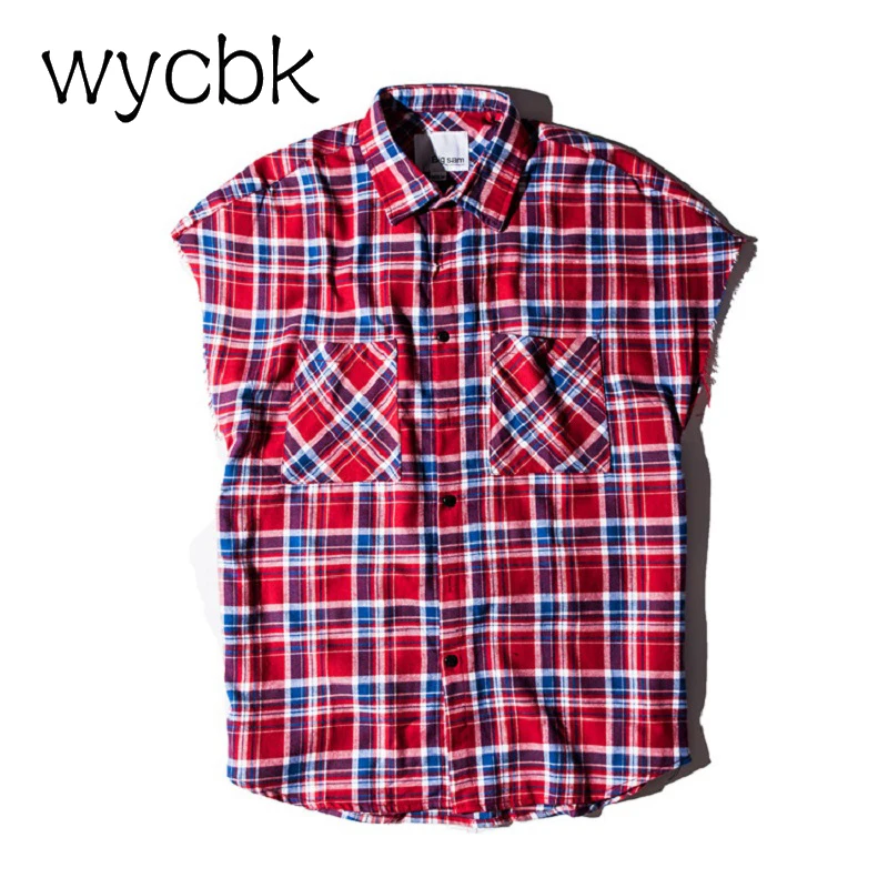 Клетчатые мужские рубашки без рукавов 2017 летняя уличная одежда с боковой молнией