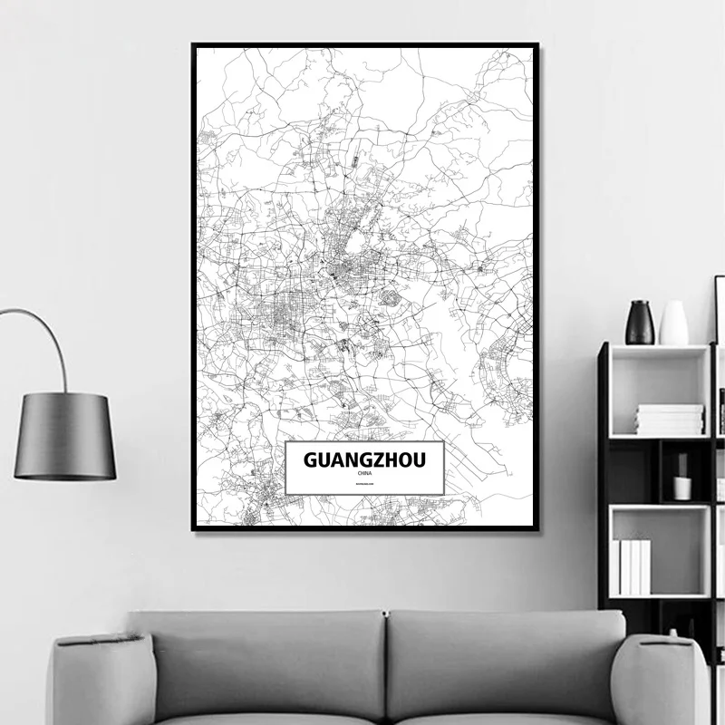 Guangzhou China Black White Custom World City Map Poster Canvas Print Nordic Style Wall Art Home Decor | Дом и сад