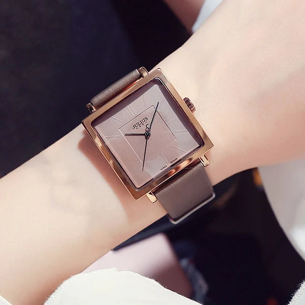 brown leather watch Julius бренд Простой квадратный большой циферблат кожаные часы женские винтажные водонепроницаемые кварцевые платье наручные часы леди Montre Femme подарки - Цвет: brown leather watch