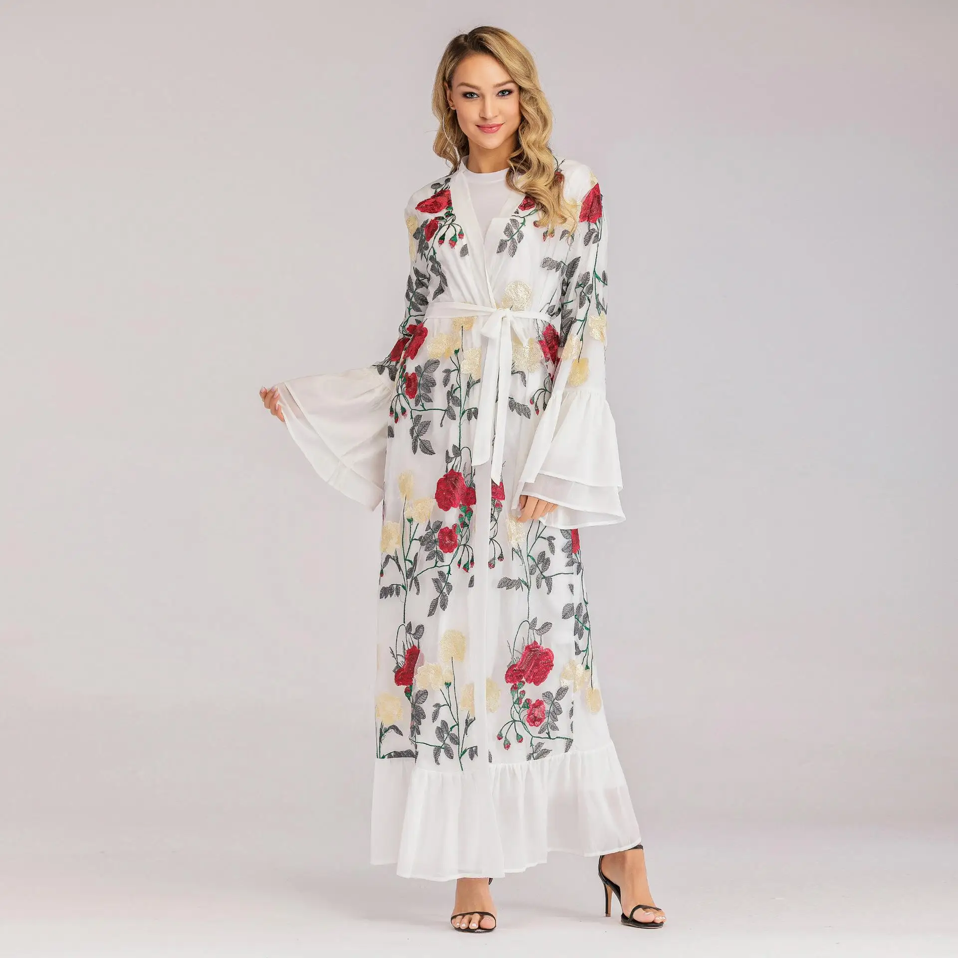 Женский кардиган с цветочной вышивкой в Дубае Abaya длинное платье-Кафтан длинными
