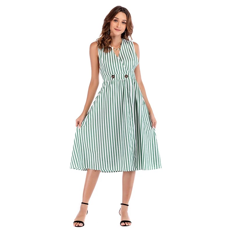 Women Summer V-Neck Elegant Maxi Striped Robe Sleeveless Vintage Ladies Pockets Dress New Fashion Female Sexy Vestidos Dresses | Женская