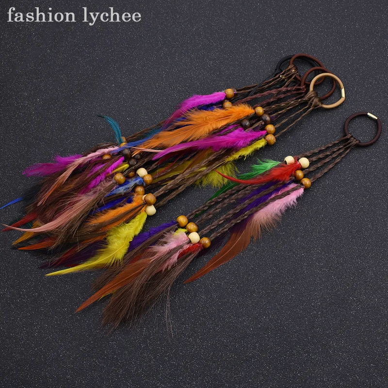 Модные lychee в богемном стиле бусины дредлок Красочные перо эластичное кольцо Длинная подвеска женские инструменты для наращивания волос