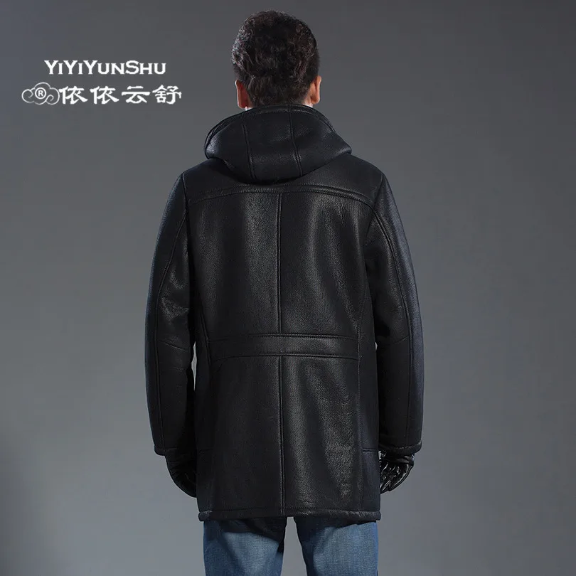 Импортная натуральная овчина зимняя теплая меховая куртка с капюшоном мужская