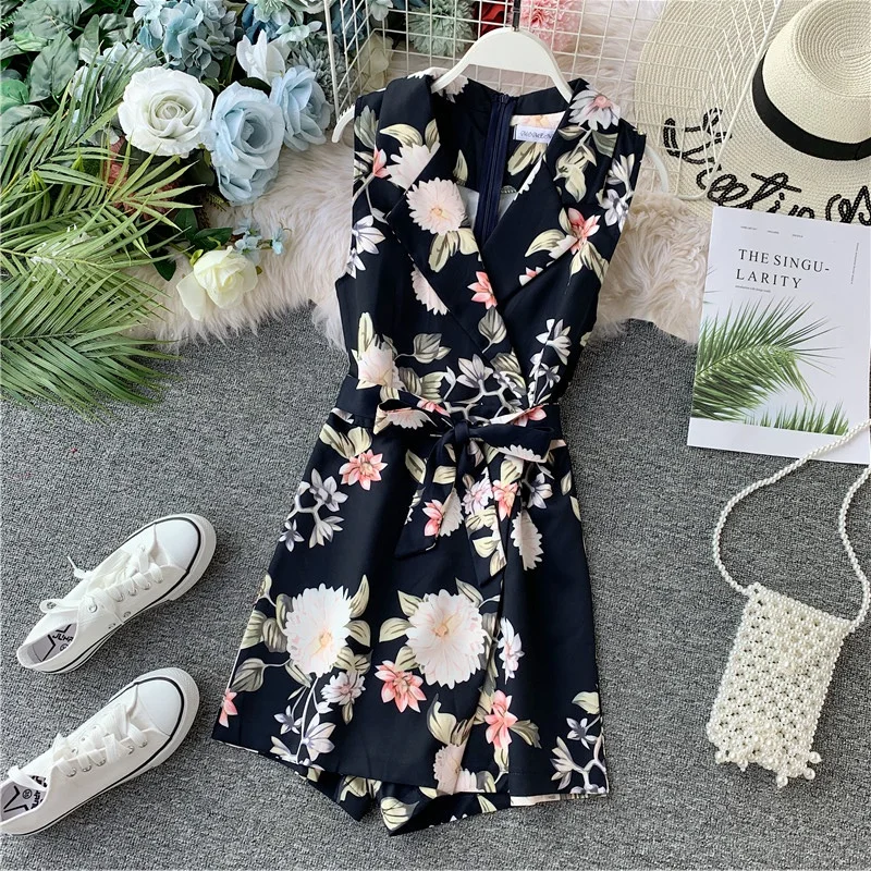 Черный ALPHALMODA богемный Приморский праздничный стиль модный принт v-образный вырез без рукавов пляжный костюм с неровной задней молнией Цветочный наряд - Цвет: Черный