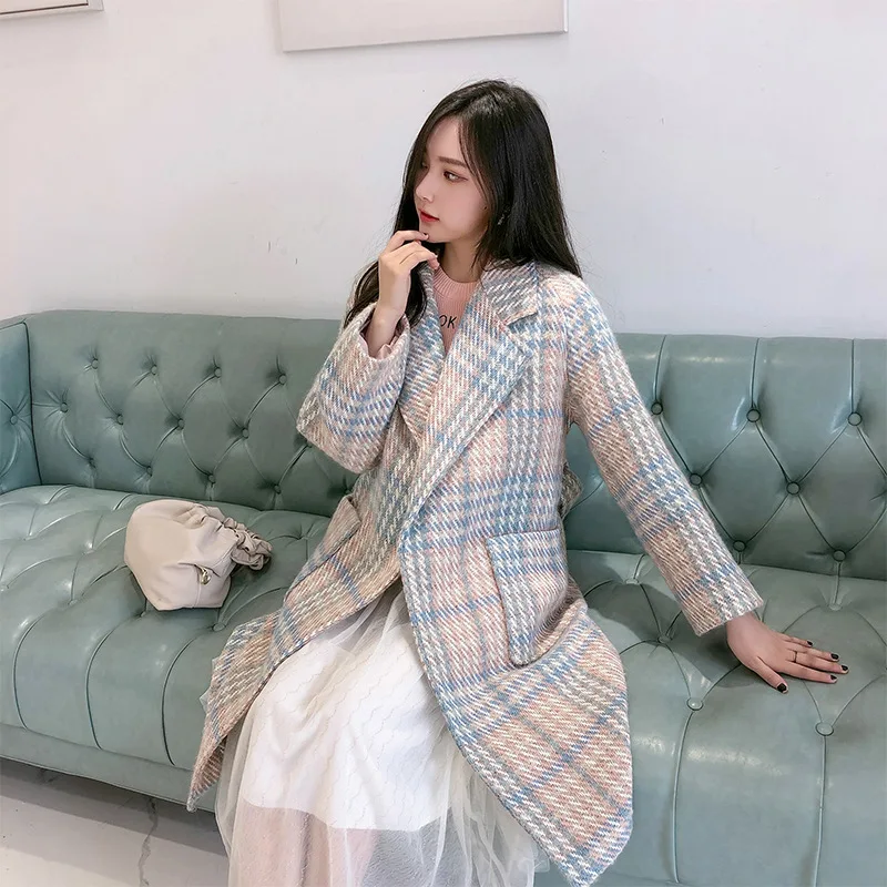 

2018 Autumnwinter Women's Wool Plaid Coat New Fashion Long Woolen Coat Slim Type Female Winter Wool Jackets Female Outw