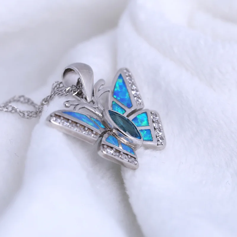 Ожерелье ROLILASON с подвеской в виде королевской бабочки голубого огненного опала