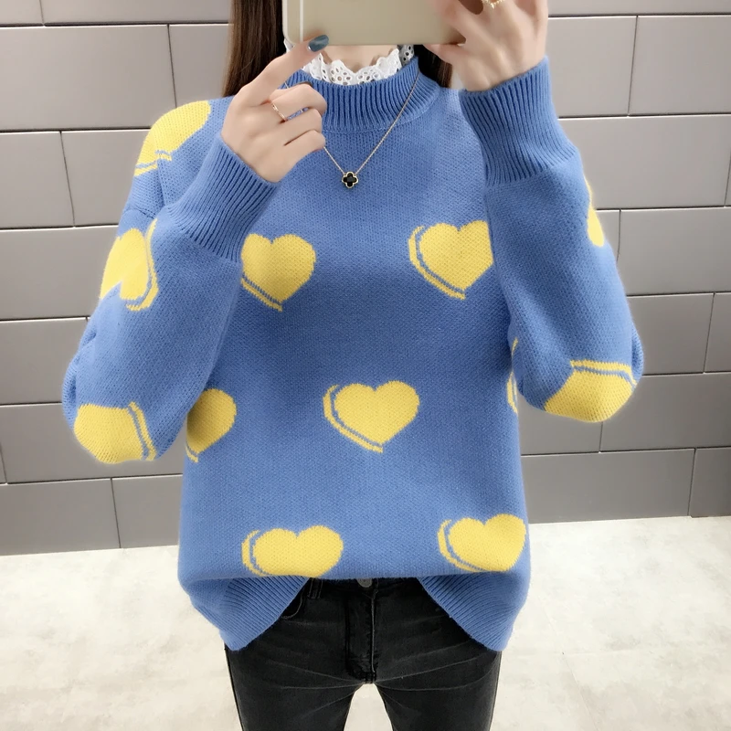 Loose Casual Women Knitted Sweater Autumn Winter Ladies O-neck Tops Pullover Korean Christmas Sweaters Hearts Knitwear Red | Женская