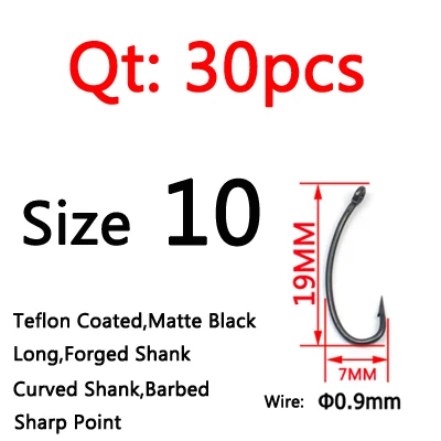 T Size 10 30pcs ICERIO 30 шт./упак. удлиненное тельфлон покрытием крючок для ловли карпа матовый черный изогнутый ствол карп рыболовные крючки для снаряжения - Цвет: T Size 10 30pcs
