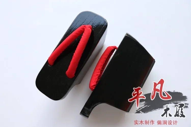 Women Lady Wooden Clogs 11CM Geta Slippers Thick Black Solid Wood Red Stripes Original Japanese Role-play Cosplay | Тематическая