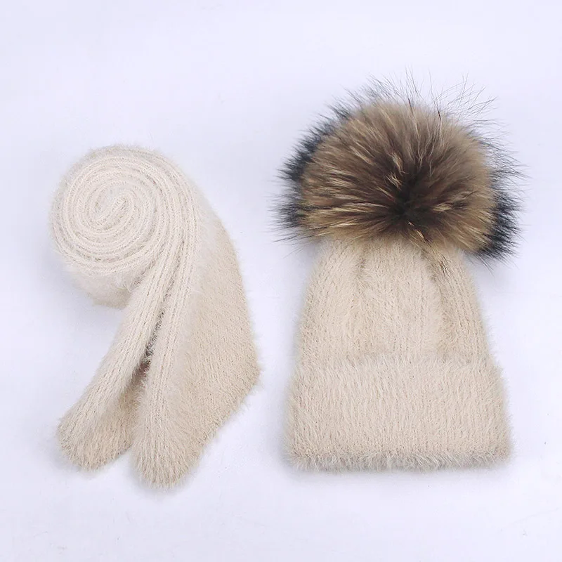 Hat Beige Зимняя шапка из кроличьего меха и шарф, набор для женщин и девушек, женская зимняя вязаная шапка, Повседневная однотонная шапка с натуральным меховым помпоном - Цвет: Hat Beige