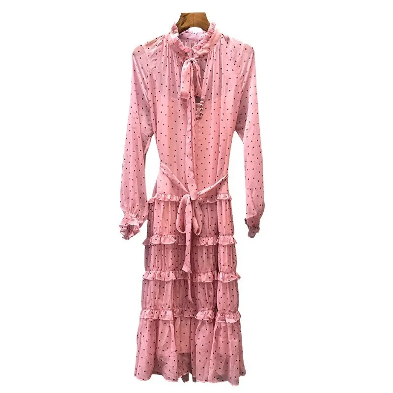 pink TWOTWINSTYLE, винтажное женское платье в горошек с оборками, с круглым вырезом, с длинным рукавом, повязки, перспективное, миди платья для женщин,, модная новинка - Цвет: pink