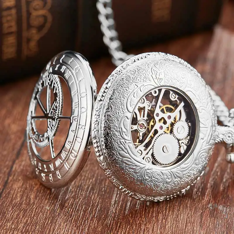 

Silver Doctor Who Hollow Design Mechanical Pocket Watch Men Chains Roman Dial Retro Skeleton Hand wind Pocket Watches Mechanical