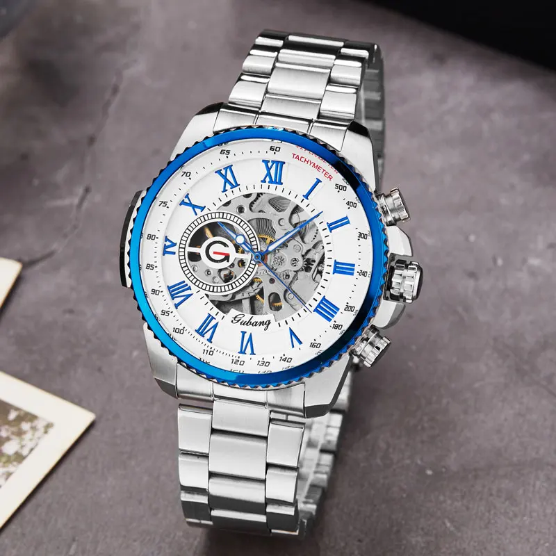 Серебристые спортивные механические часы Moonphase Skeleton, мужские часы из нержавеющей стали с прозрачным сетчатым браслетом, мужские роскошные часы от ведущего бренда - Цвет: watch 5