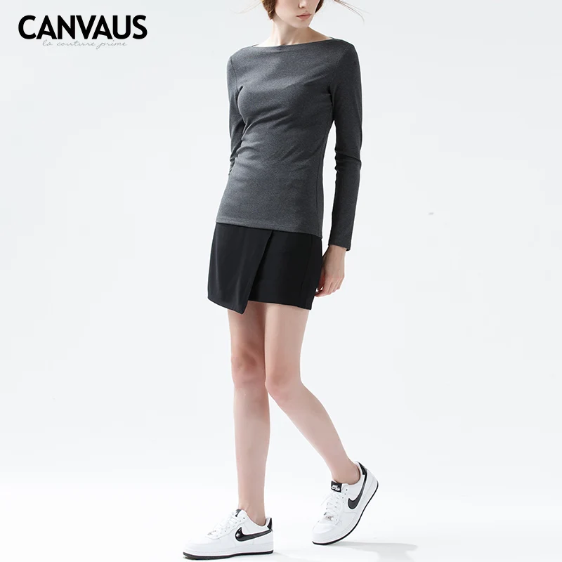 

CANVAUS Autumn Cotton Solid Slim Casual Slash Neck Long-sleeved Women Clothing White T shirt Tops Camisas Mujer Undershirt F132A